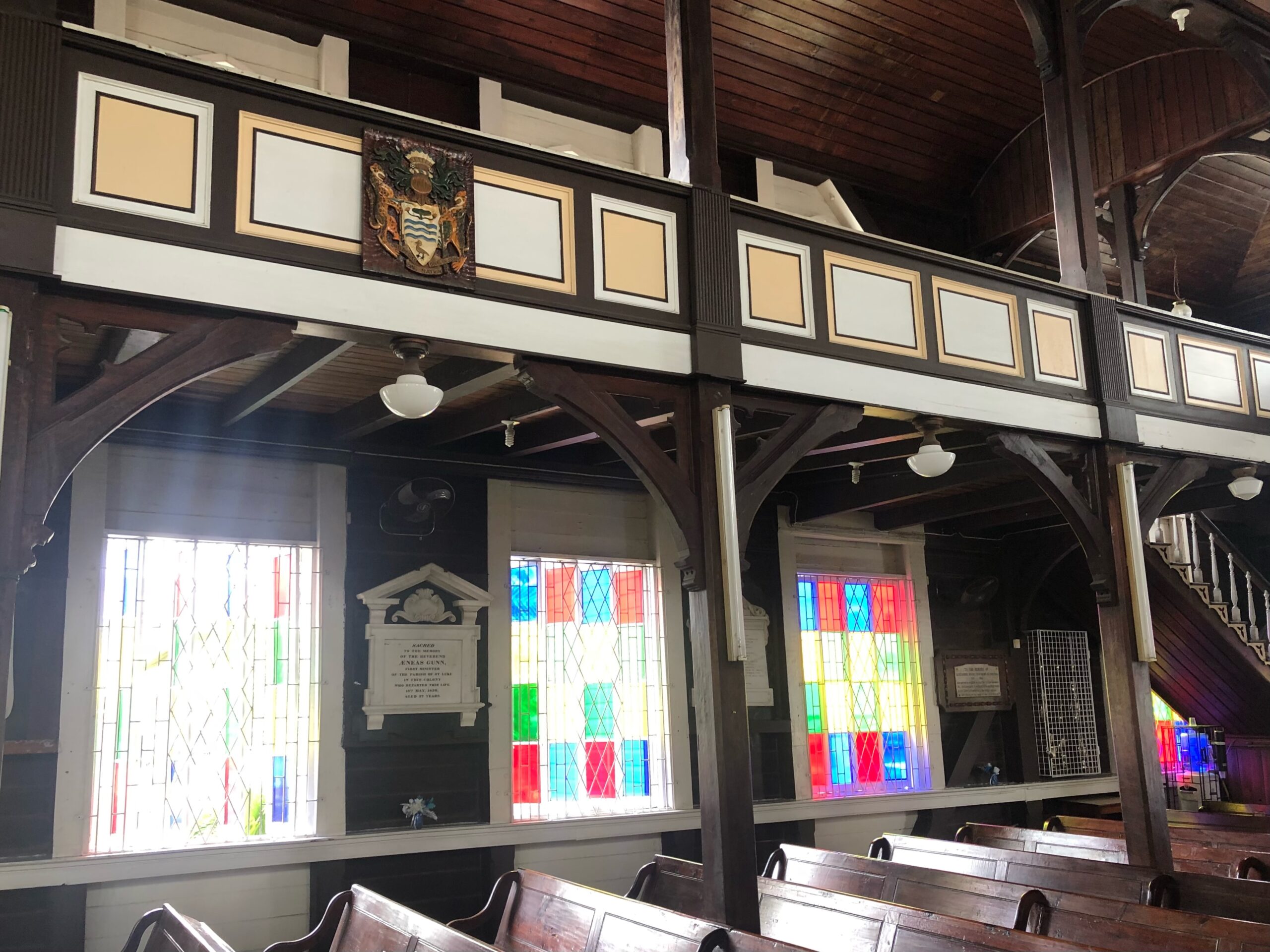 The stained glass windows and greenheart wood inside St. Andrew’s Kirk